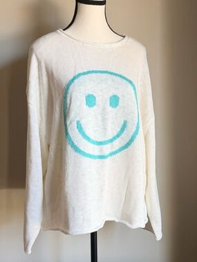 Promesa Cream Knit Sweater with Aqua Smile Graphic